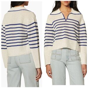 SANDRO Elise Stripe Crochet Cropped White Navy V-Neck Sweater Size Eu2/usM